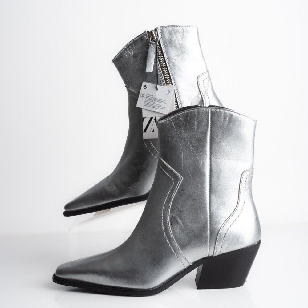 Zara Womens Metallic Silver Cowboy Leather Ankle Boots Western US 6.5 EU 37 NWT - Picture 7 of 11